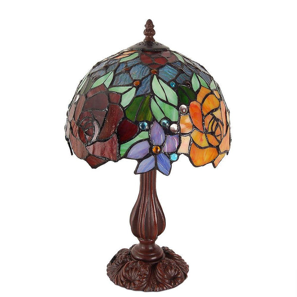 Nachttischlampe mit Rosen. Mit geschweißtem Glasschirm, Tiffany-Verarbeitung und Ständer aus bronziertem Metall. - Designerobjekte.com