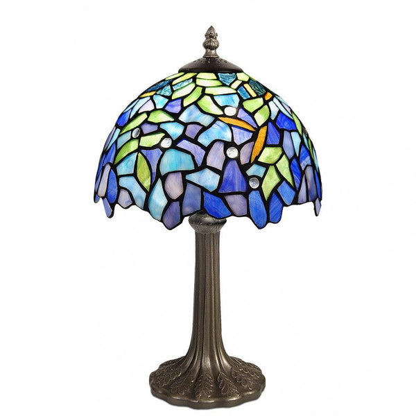 Nachttischlampe Tiffany - Stil Blauregen. Mit geschweißtem Glasschirm, Tiffany-Verarbeitung und Ständer aus bronziertem Metall. - Designerobjekte.com