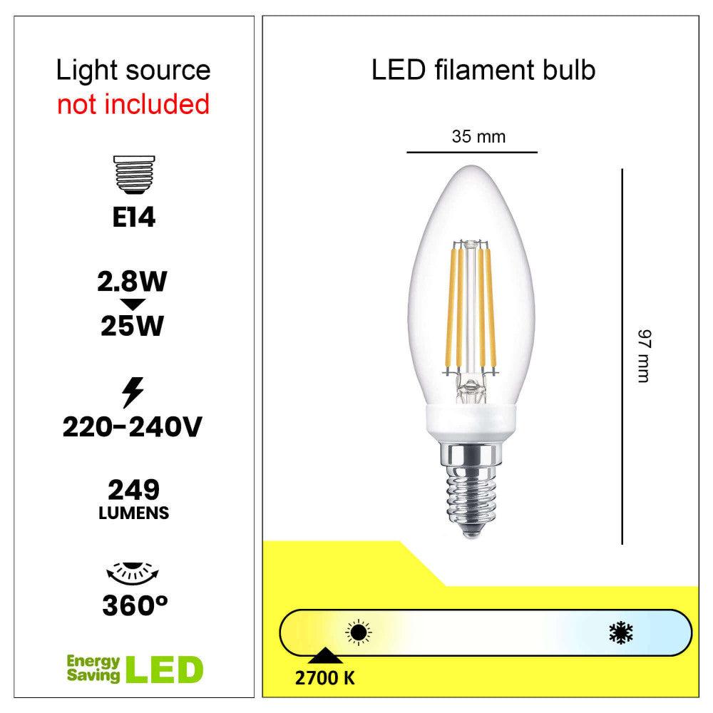 Technische Details zur LED Filamentbirne, kompatibel mit der Tiffany Nachttischlampe im Schmetterlingsdesign. Informationen zu Sockel, Leistung und Lichtfarbe.
