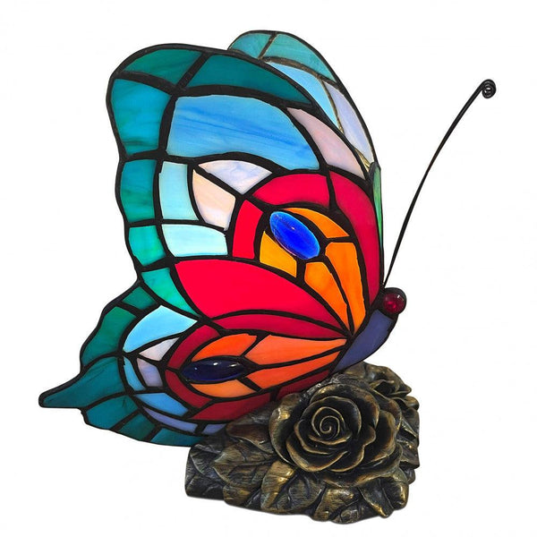 Nachttischlampe Tiffany - Stil Schmetterling rot, orange, hellblau und türkis. Mit geschweißtem Glasschirm, Tiffany-Verarbeitung und bronziertem Kunstharzsockel - Designerobjekte.com