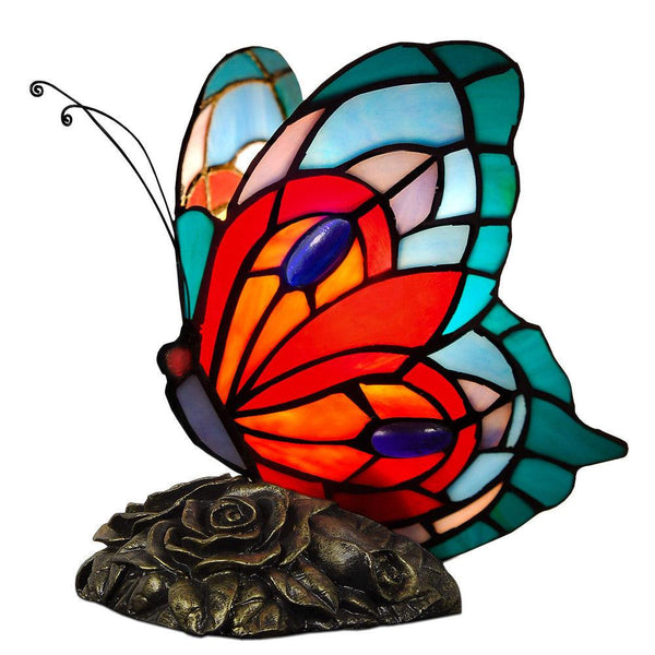 Nachttischlampe Tiffany - Stil Schmetterling rot, orange, hellblau und türkis. Mit geschweißtem Glasschirm, Tiffany-Verarbeitung und bronziertem Kunstharzsockel - Designerobjekte.com