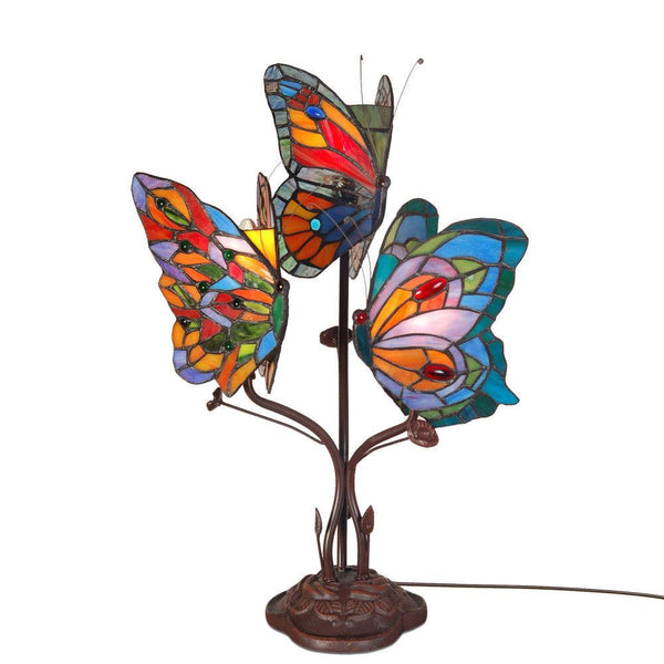 Nachttischlampe Tiffany - Stil Schmetterlinge bunt. Mit geschweißtem Glasschirm, Tiffany-Verarbeitung und Ständer aus bronziertem Metall. - Designerobjekte.com