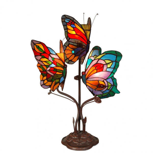 Nachttischlampe Tiffany - Stil Schmetterlinge bunt. Mit geschweißtem Glasschirm, Tiffany-Verarbeitung und Ständer aus bronziertem Metall. - Designerobjekte.com