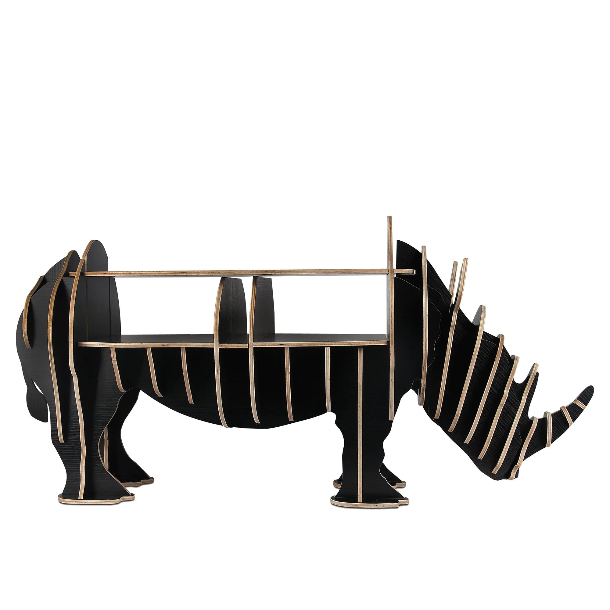 Büchertisch Schwarzes Nashorn in Wohnzimmer-Umgebung, bringt skulpturale Eleganz und nordischen Stil in Ihr Zuhause.