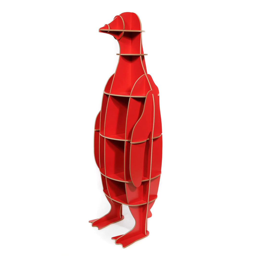 Bücherregal Pinguin rot, 149 x 47 x 46 cm – modernes und verspieltes Design, ideal für Kinderzimmer oder Wohnzimmer, aus hochwertigem MDF gefertigt, einfach zu montieren.