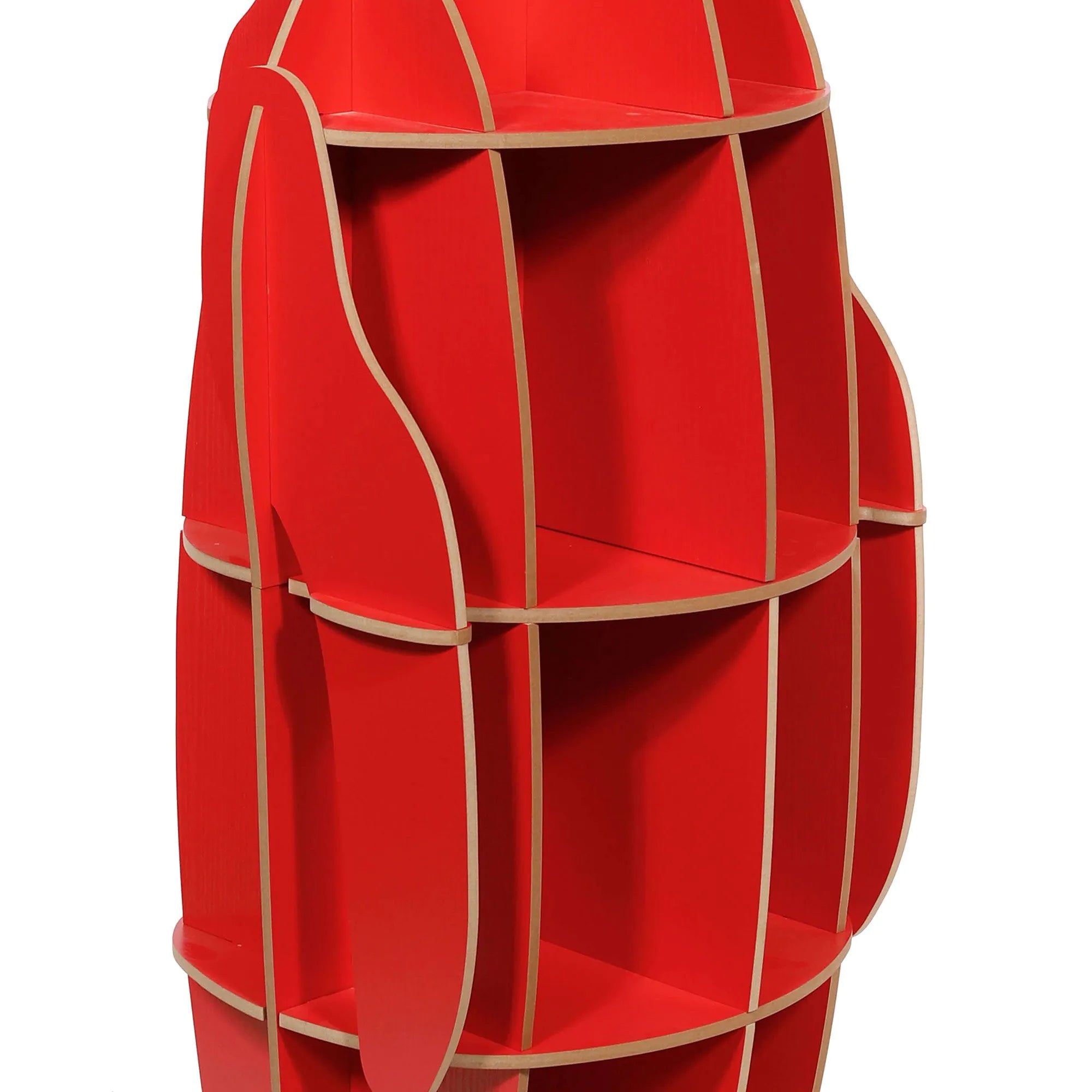 Detailansicht des Bücherregals Pinguin in Rot, hochwertiges MDF, pflegeleicht und langlebig.