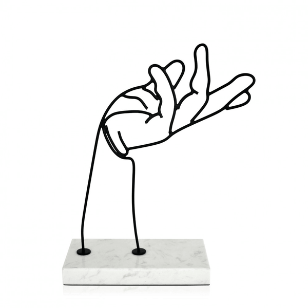 Offene Hand. Moderne Skulptur aus Eisendraht mit Marmorsockel - Designerobjekte.com