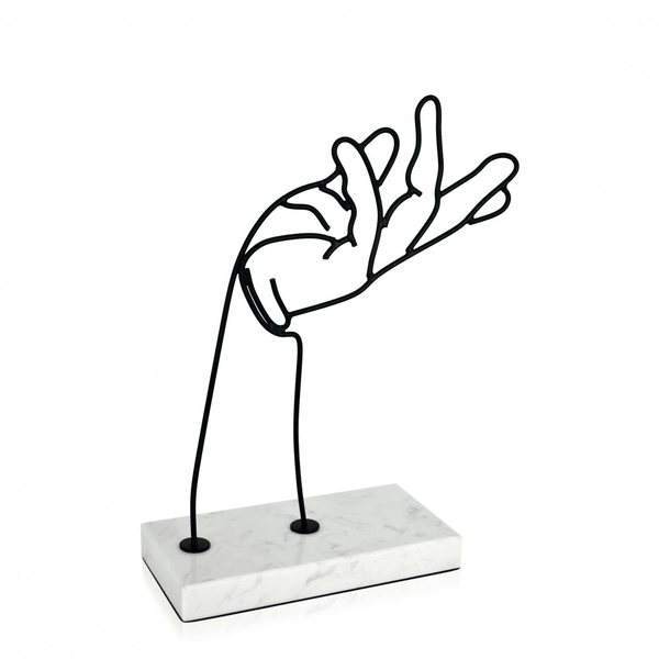 Offene Hand. Moderne Skulptur aus Eisendraht mit Marmorsockel - Designerobjekte.com