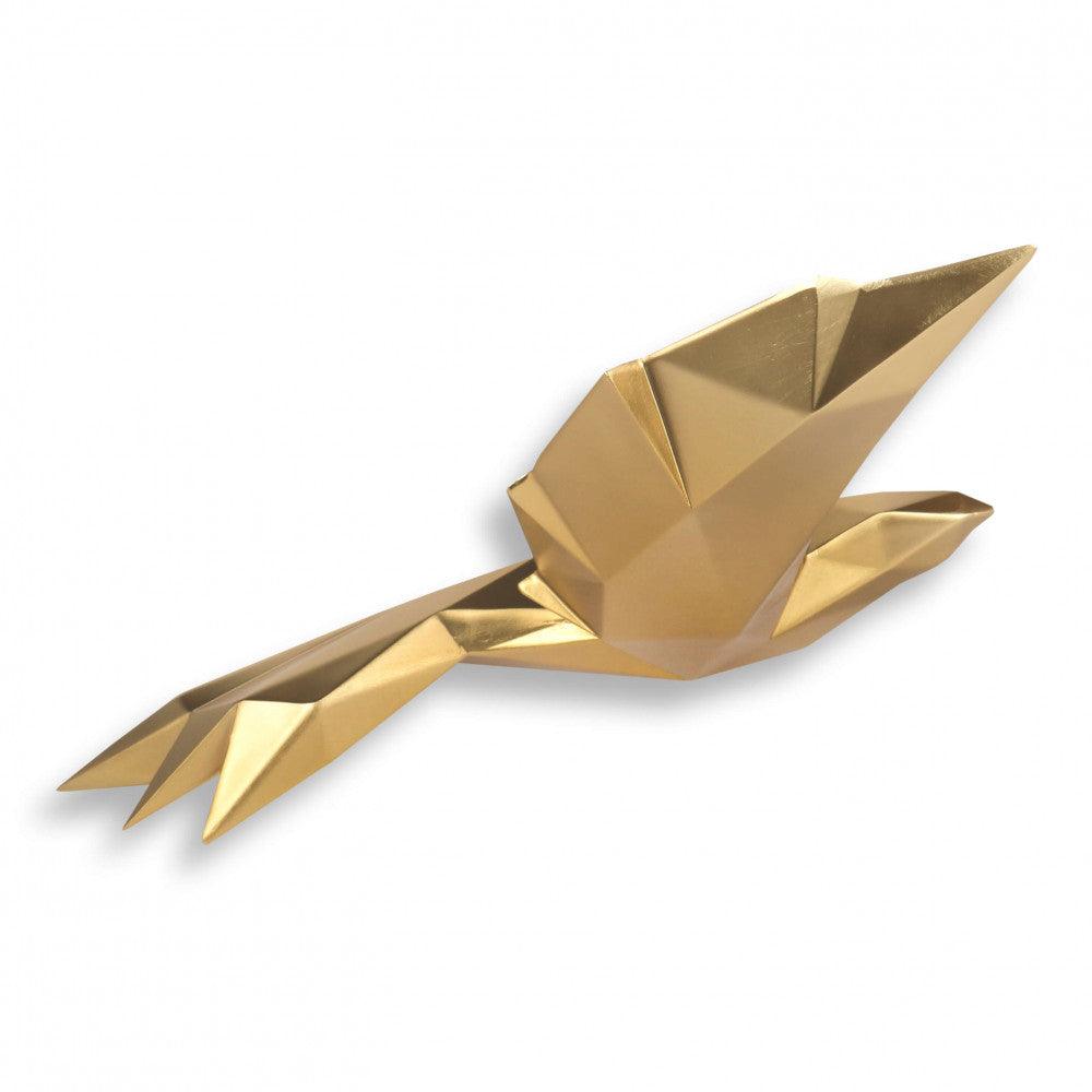 Elegante Origami-Vogel-Skulptur aus Kunstharz mit goldenem Metalleffekt, mit dynamischer Pose eines fliegenden Vogels in goldener Farbe.