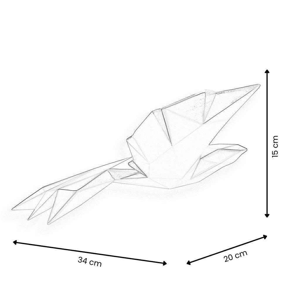 Maßangaben der eleganten Origami-Vogel-Skulptur aus Kunstharz mit goldenem Metalleffekt, Seitenansicht mit Abmessungen 15 x 34 x 20 cm.