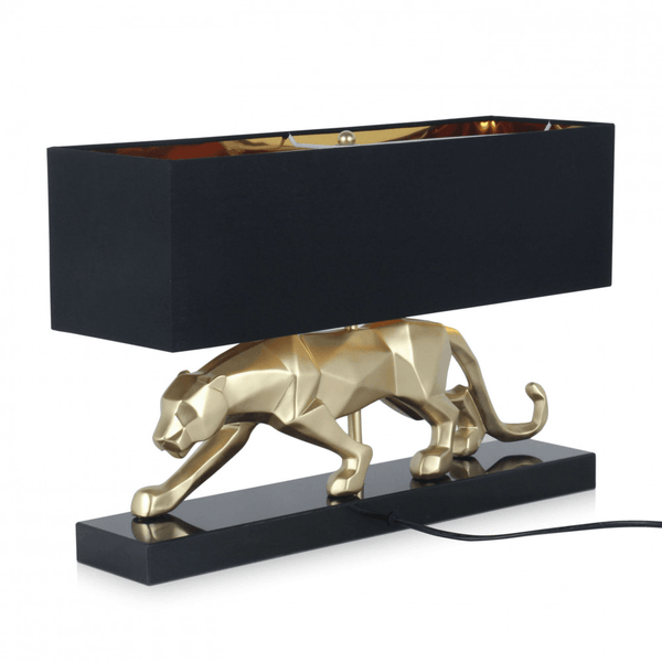 Panther Tischlampe moderne Skulptur aus Harz, Metalleffekt mit Marmorsockel - Designerobjekte.com