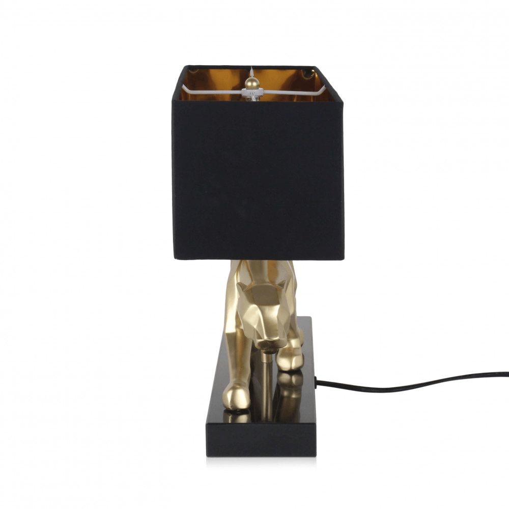Panther Tischlampe – Moderne Skulptur aus Harz mit Marmorsockel und Metalleffekt, Rückansicht der Lampe mit der goldenen Pantherfigur und schwarzem Lampenschirm.