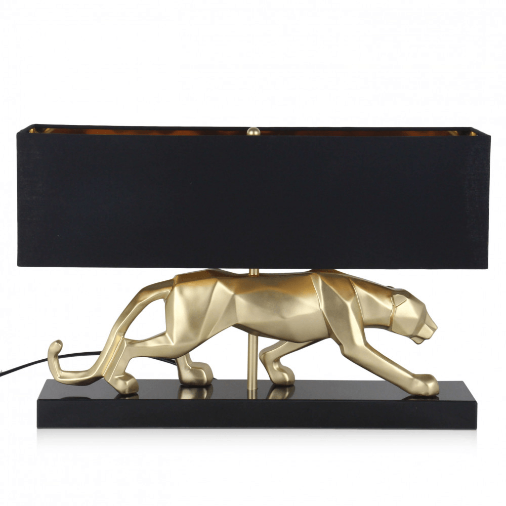 Panther Tischlampe – Moderne Skulptur aus Harz mit Marmorsockel und Metalleffekt, detailreiche Ansicht der goldenen Pantherfigur und Lampenkörper.