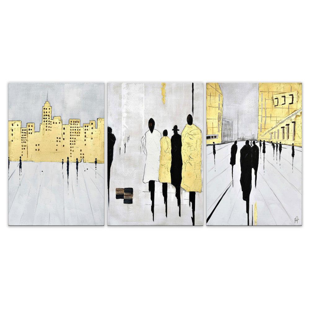 Handgemaltes Kunstwerk 'People in the City' auf Leinwand, das eine stilisierte Stadtlandschaft mit goldenen Akzenten und urbanen Figuren in verschiedenen Posen darstellt, ideal für moderne Wohnräume.