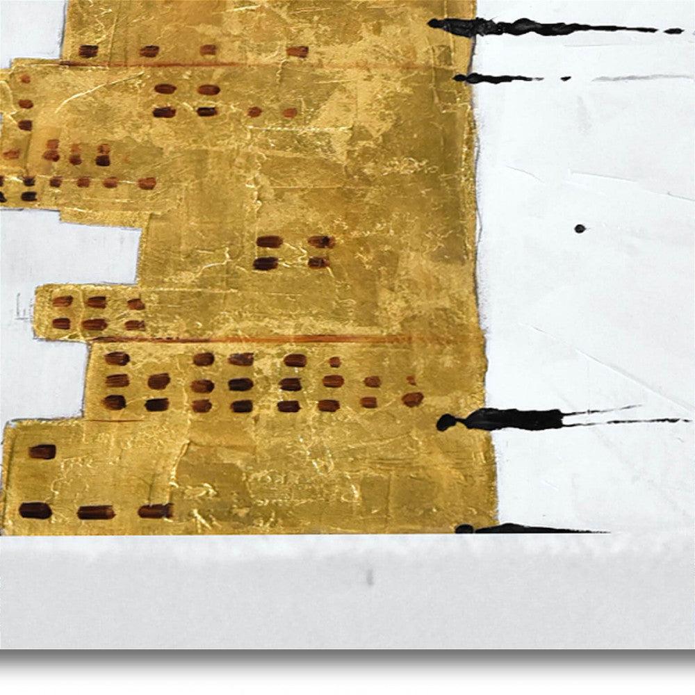 Nahaufnahme des handgemalten Kunstwerks 'People in the City' mit goldenen und schwarzen Farbakzenten auf Leinwand, die urbane Elemente darstellen.