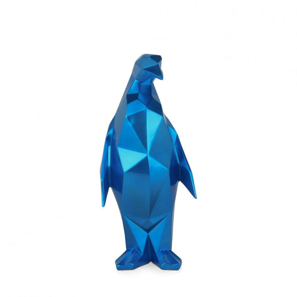 Pinguin blau. Facettierte moderne Skulptur aus Harz, Metalleffekt. 35 x 15 x 15 cm - Designerobjekte.com