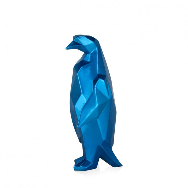 Pinguin blau. Facettierte moderne Skulptur aus Harz, Metalleffekt. 35 x 15 x 15 cm - Designerobjekte.com