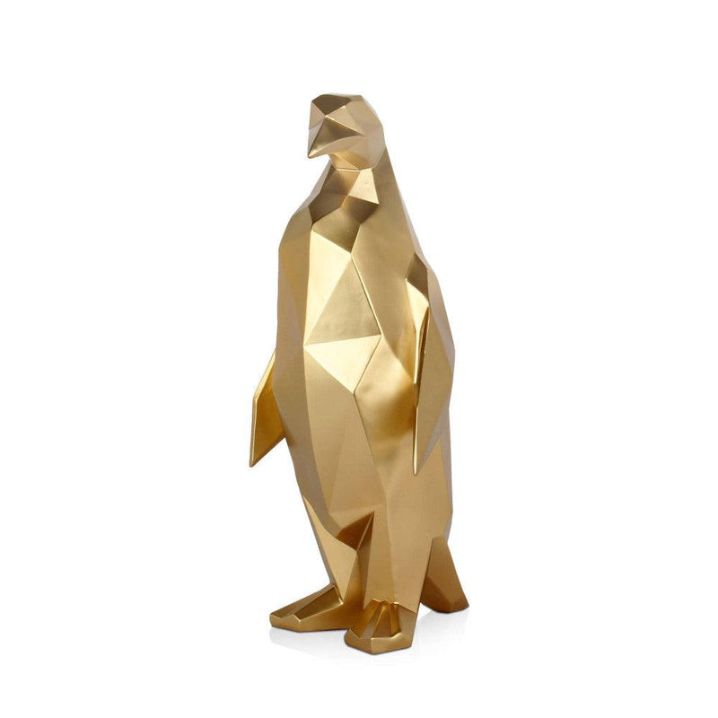 Pinguin gold. Facettierte moderne Skulptur aus Harz, Metalleffekt. 50 x 22 x 19 cm. - Designerobjekte.com