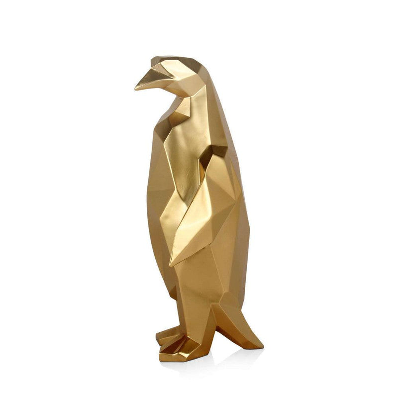 Pinguin gold. Facettierte moderne Skulptur aus Harz, Metalleffekt. 50 x 22 x 19 cm. - Designerobjekte.com