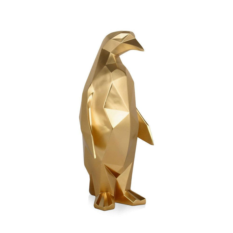 Pinguin gold. Facettierte moderne Skulptur aus Harz, Metalleffekt. 50 x 22 x 19 cm. - Designerobjekte.com