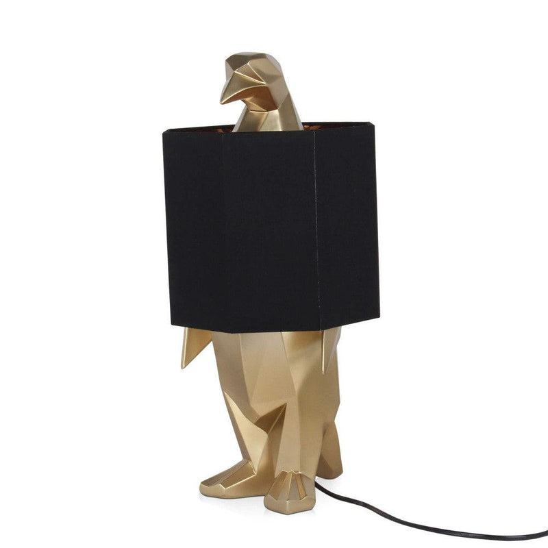 Pinguin gold. Tischlampe, moderne Skulptur aus Harz, Metalleffekt. 52 x 24 x 24 cm - Designerobjekte.com