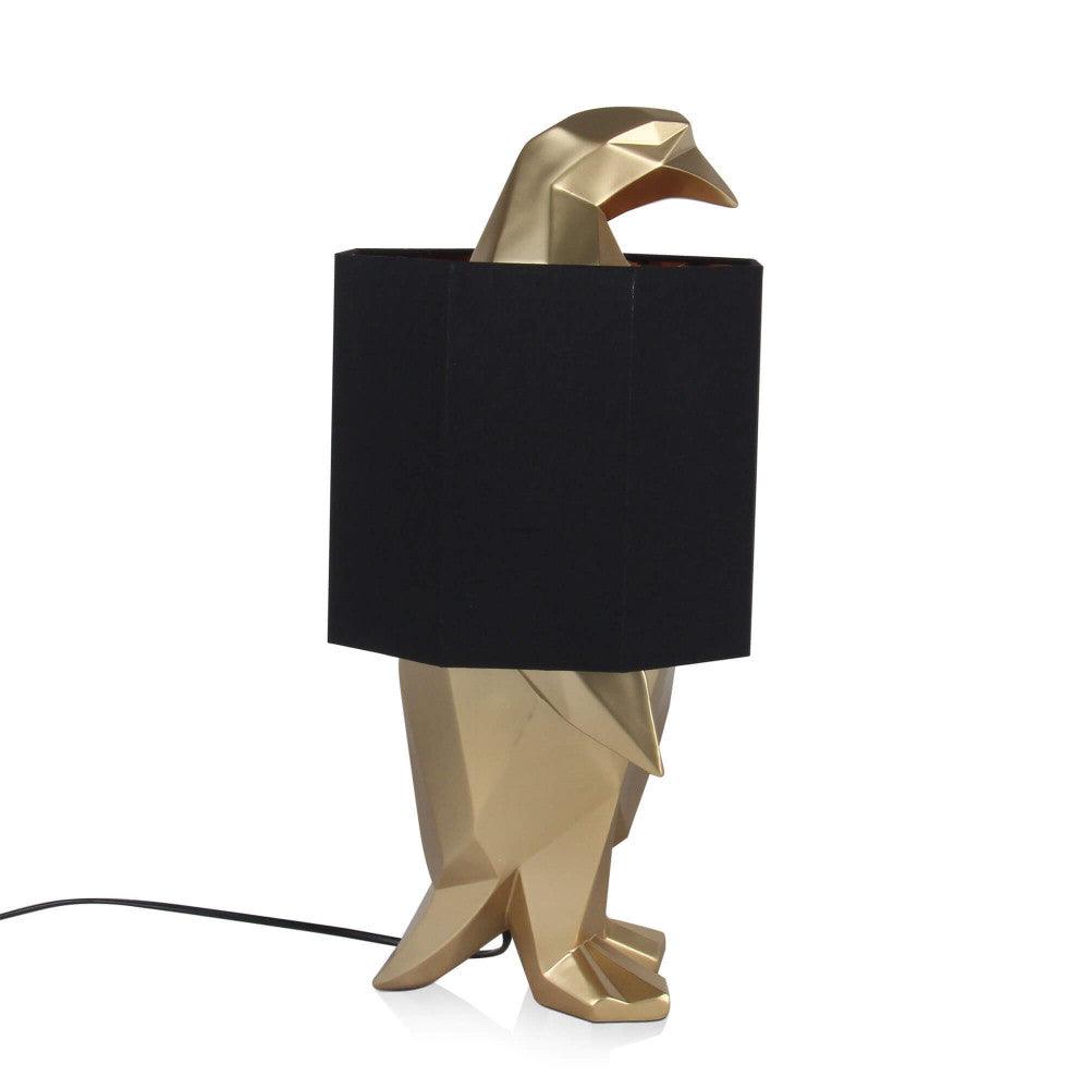 Pinguin Gold Tischlampe – elegante Harzskulptur mit Metalleffekt, frontal dargestellt, ideal für kreative und stilvolle Wohnräume.