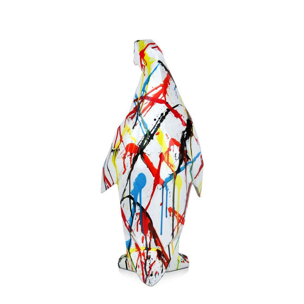 Pinguin mehrfarbig. Facettierte moderne Skulptur aus Harz, von Hand dekoriert. 50 x 22 x 19 cm. - Designerobjekte.com