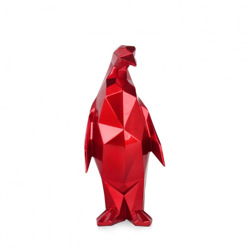 Pinguin rot. Facettierte moderne Skulptur aus Harz, Metalleffekt - Designerobjekte.com