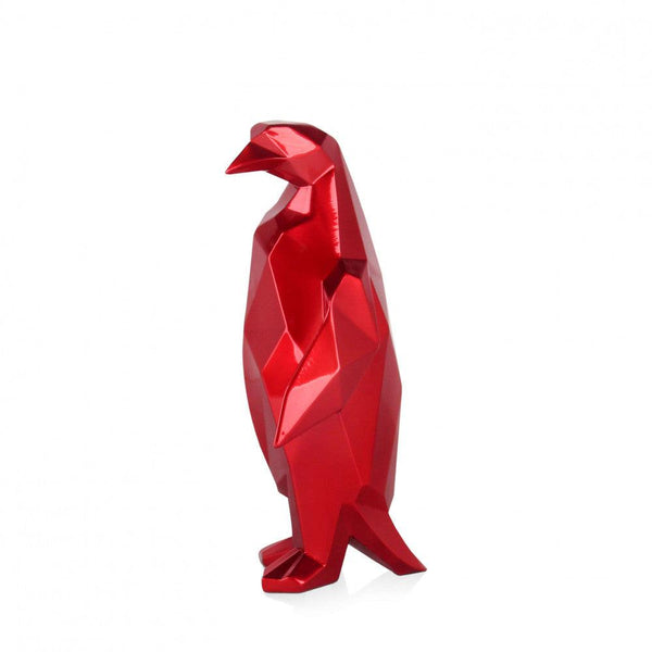 Pinguin rot. Facettierte moderne Skulptur aus Harz, Metalleffekt - Designerobjekte.com