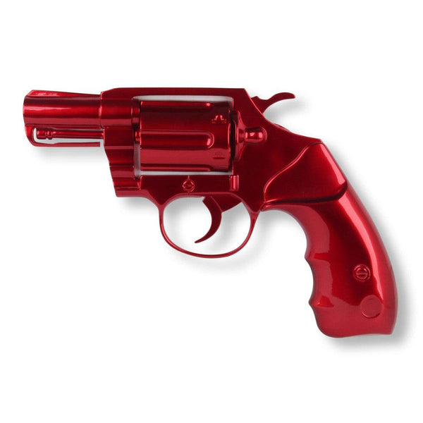 Pistole / Revolver, rot. 32 x 47 cm. Skulptur Pop Art aus Harz, Metalleffekt, zum Aufhängen an der Wand - Designerobjekte.com