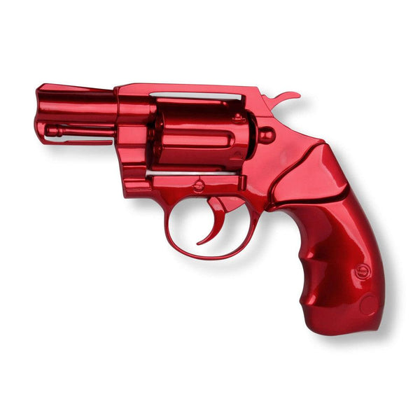 Pistole / Revolver, rot. 32 x 47 cm. Skulptur Pop Art aus Harz, Metalleffekt, zum Aufhängen an der Wand - Designerobjekte.com