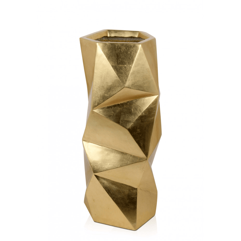 Pitagora 2. Geometrische Vase aus Glasfaserkunststoff, verziert mit goldfarbener Metallfolie - Designerobjekte.com