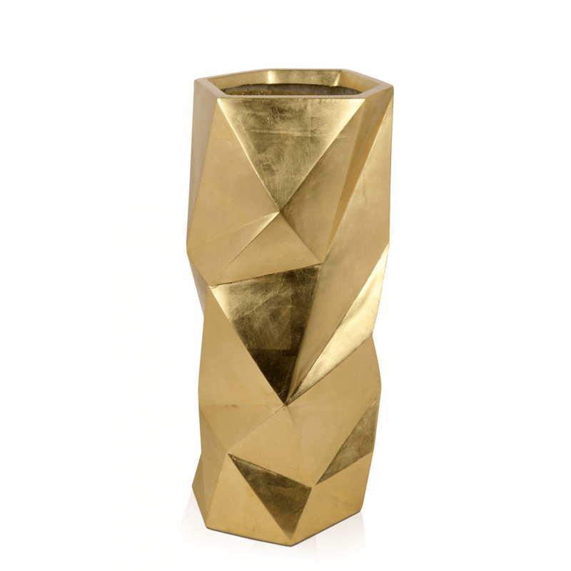 Pitagora 2. Geometrische Vase aus Glasfaserkunststoff, verziert mit goldfarbener Metallfolie - Designerobjekte.com