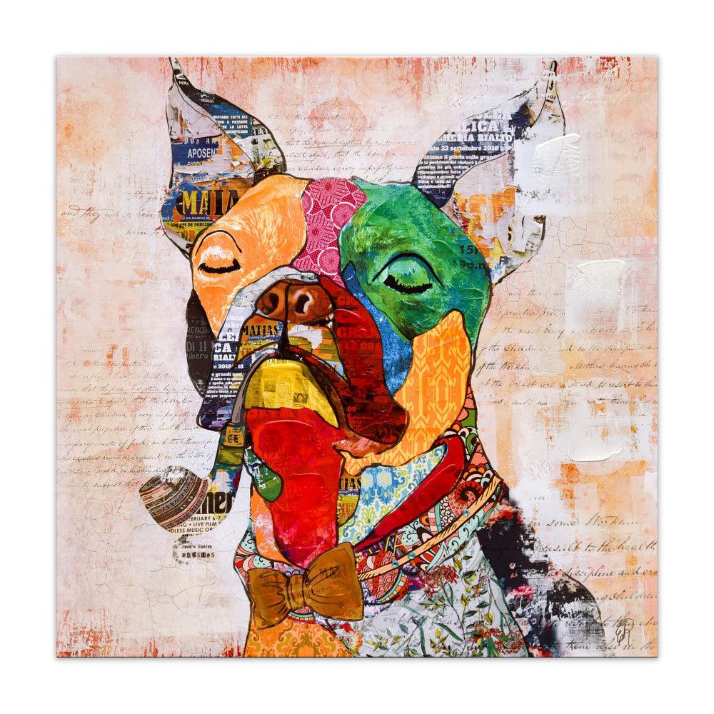 Pop Art Boston Terrier – Handveredelter Leinwanddruck mit charmantem Design, zeigt einen farbenfrohen Boston Terrier mit geschlossenen Augen und einer Tabakpfeife im Mund, kunstvoll gestaltet aus verschiedenen Texturen und Farben.