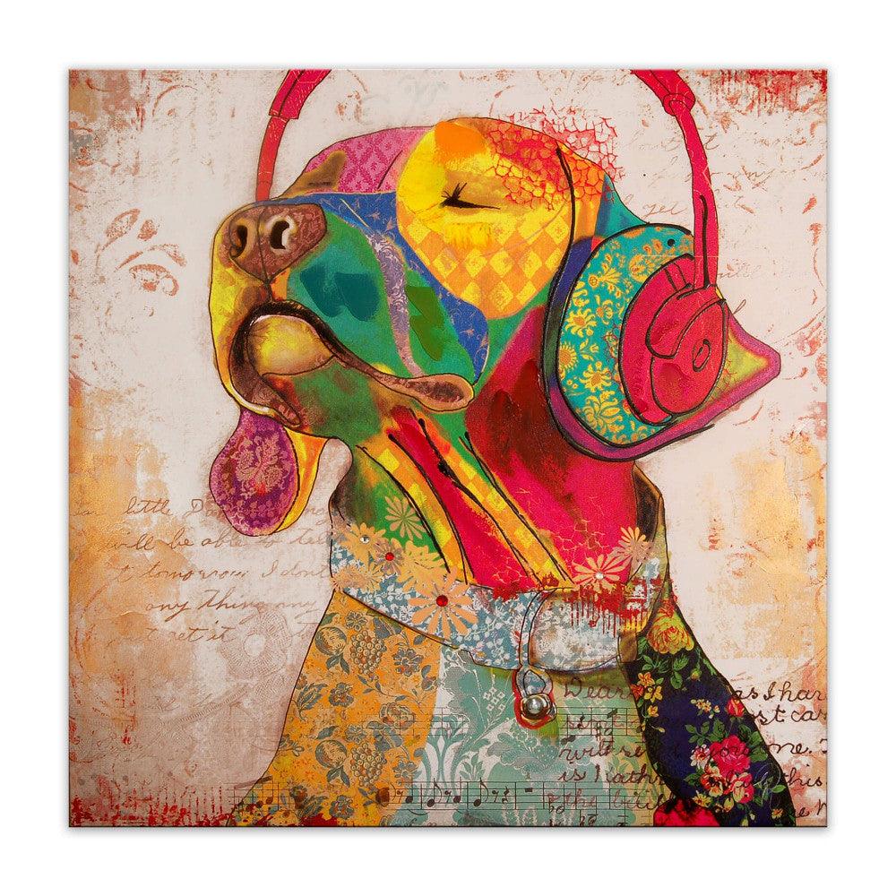 Pop Art Labrador – Handgemaltes Leinwandbild mit Reliefdrucken, 80x80 cm. Das Bild zeigt einen farbenfrohen Labrador mit Kopfhörern und geschlossenen Augen, umgeben von lebhaften Mustern und Texturen.