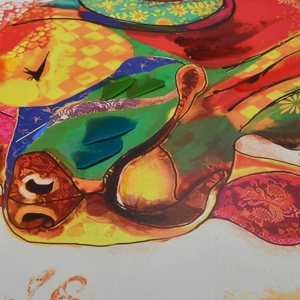 Detailansicht des Pop Art Labrador – Handgemaltes Leinwandbild mit Reliefdrucken, 80x80 cm. Nahaufnahme des charmanten Labradors mit kunstvollen Farben und Details.