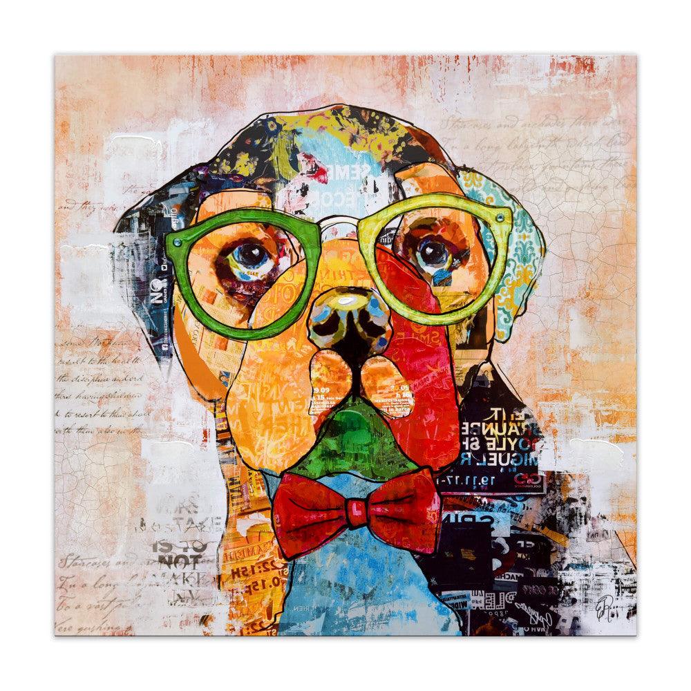 Pop Art Hund mit Reliefdekoration – Handgemaltes Kunstwerk auf Leinwand, das einen charmanten Hund mit bronzefarbener Nase und smaragdgrüner Sehhilfe zeigt, kunstvoll gestaltet mit lebendigen Farben und einzigartiger Relieftechnik.