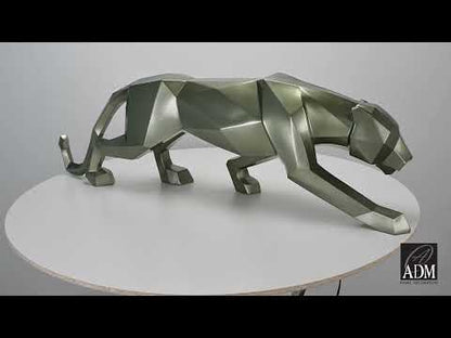 Große Facettierte Panther-Skulptur. Anthrazitmetallic Kunstharz. Exquisite Eleganz. 31 cm Höhe. Einzigartiges Design.