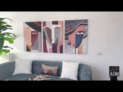 Abstrakte Gesichter: Mehrfarbige Komposition auf handretuschierter Leinwand (90 x 180 cm)