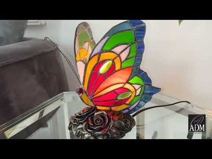 Tiffany Nachttischlampe. Schmetterlingsdesign. Handgefertigter Glaslampenschirm. Lebendige Farben. Hochwertiges Kunstwerk.
