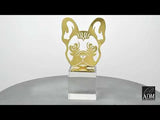 Kopf einer Französischen Bulldogge. Deko-Objekt aus Edelstahl mit Sockel aus Kristallglas