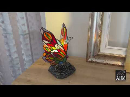 Tiffany Nachttischlampe. Schmetterlingsdesign. Handgefertigt. Bronzierter Kunstharzfuß. Exquisites Licht.