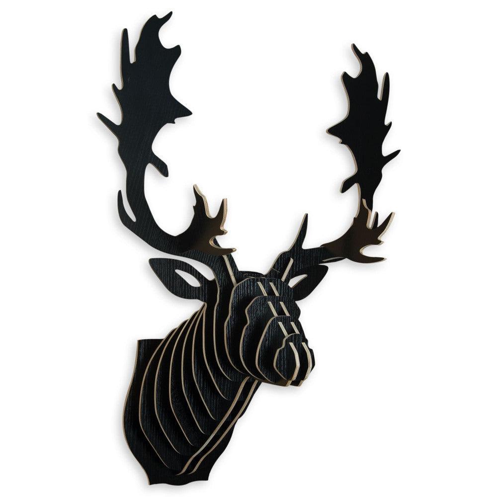 Rentierkopf 3D-Puzzle aus MDF in schwarzer Lackierung, elegante Wandkunst für moderne Wohnräume.
