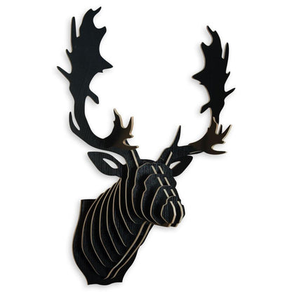 Rentierkopf 3D-Puzzle aus MDF in schwarzer Lackierung, elegante Wandkunst für moderne Wohnräume.