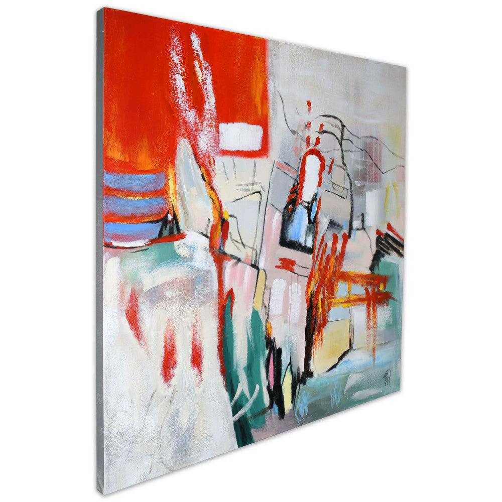 Seitenansicht von Rock-Graffiti Rot – Handgemaltes Abstraktes Kunstwerk auf Leinwand, 100 x 100 cm, mit Textur und Tiefe durch dekorative Materialien, perfektes Statement für kreative Wohnkultur.