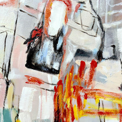 Detailansicht des handgemalten Kunstwerks 'Rock-Graffiti Rot' auf Leinwand, zeigt lebendige rote und orange Farben sowie abstrakte Komposition.