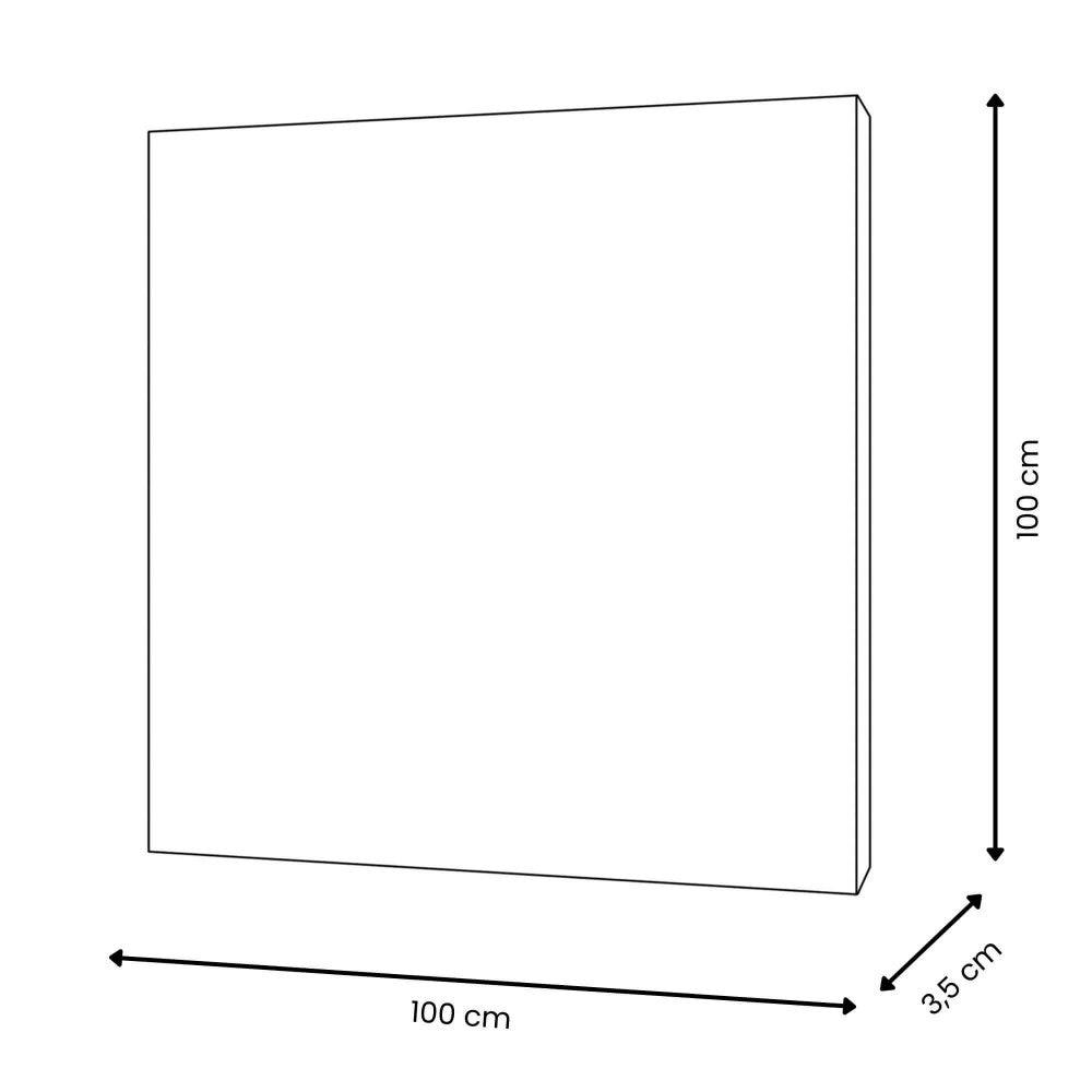 Maßzeichnungen des handgemalten Kunstwerks 'Rock-Graffiti Rot', zeigt die Abmessungen von 100 x 100 x 3,5 cm, ideal für die Raumgestaltung.