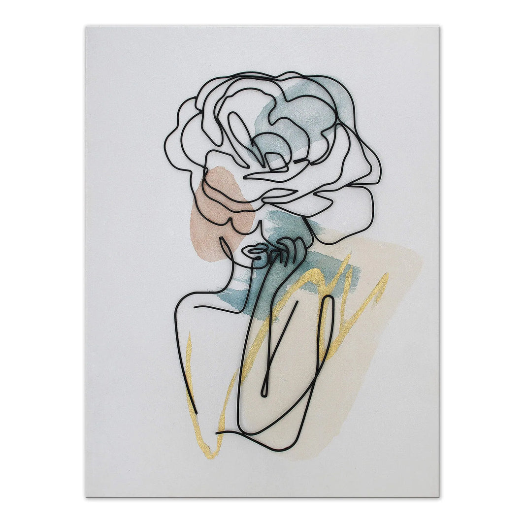 Handgefertigtes Metalldraht Wandbild: Kunstvolle Rosenblütenfrau, Modern, 100x75cm - Detailansicht des Wandbildes mit einer stilisierten Darstellung einer Frau mit einer großen Rose auf dem Kopf.