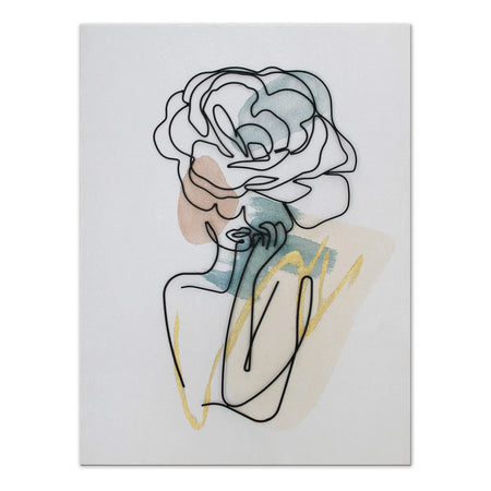 Handgefertigtes Metalldraht Wandbild: Kunstvolle Rosenblütenfrau, Modern, 100x75cm - Detailansicht des Wandbildes mit einer stilisierten Darstellung einer Frau mit einer großen Rose auf dem Kopf.