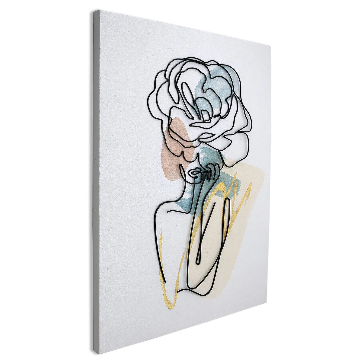 Handgefertigtes Metalldraht Wandbild: Kunstvolle Rosenblütenfrau, präsentiert in einem mehrfarbigen Design auf einer Leinwand.
